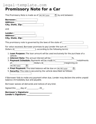 Printable Promissory Note for a Car Template