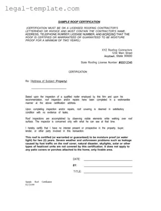 Free Sample Roof Certification Template in PDF