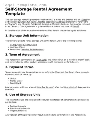 Printable Self-Storage Rental Agreement Template