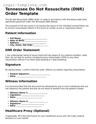 Do Not Resuscitate Order Form for Tennessee State