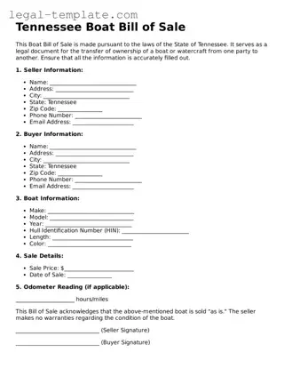 Boat Bill of Sale Form for Tennessee State