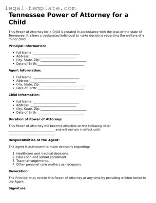 Power of Attorney for a Child Form for Tennessee State