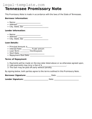 Promissory Note Form for Tennessee State