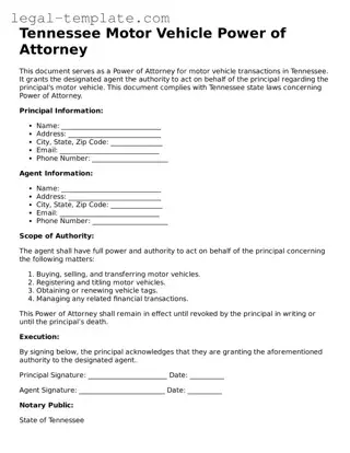 Motor Vehicle Power of Attorney Form for Tennessee State