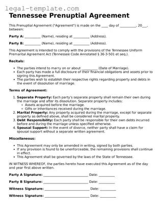 Prenuptial Agreement Form for Tennessee State