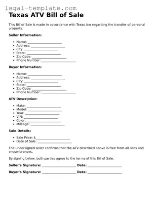 ATV Bill of Sale Form for Texas State