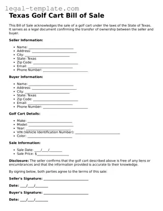 Golf Cart Bill of Sale Form for Texas State