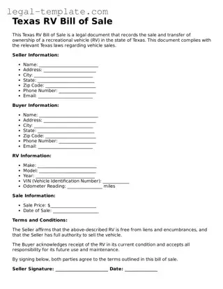 RV Bill of Sale Form for Texas State