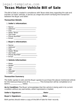 Motor Vehicle Bill of Sale Form for Texas State