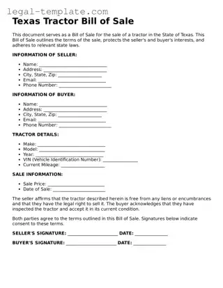 Tractor Bill of Sale Form for Texas State