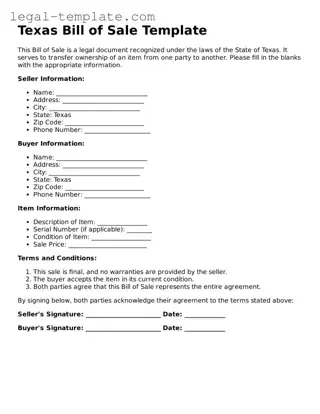 Bill of Sale Form for Texas State