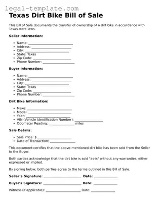 Dirt Bike Bill of Sale Form for Texas State