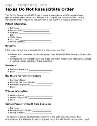 Do Not Resuscitate Order Form for Texas State