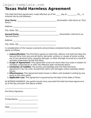Hold Harmless Agreement Form for Texas State