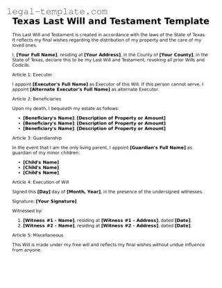 Last Will and Testament Form for Texas State