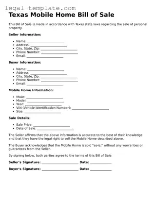 Mobile Home Bill of Sale Form for Texas State