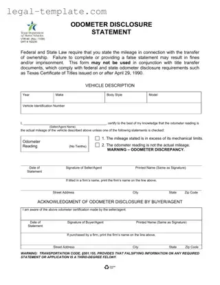 Free Texas Odometer Statement Template in PDF