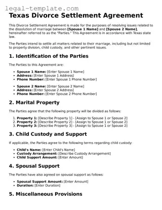 Divorce Settlement Agreement Form for Texas State
