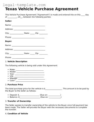 Vehicle Purchase Agreement Form for Texas State