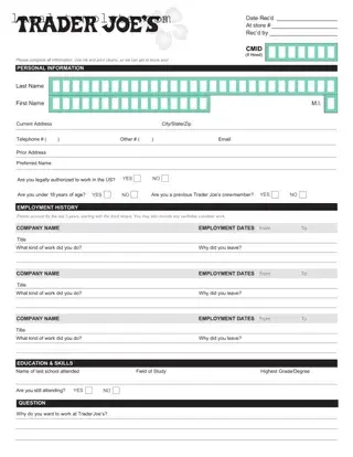 Free Trader Joe's application Template in PDF