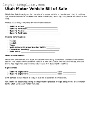 Motor Vehicle Bill of Sale Form for Utah State