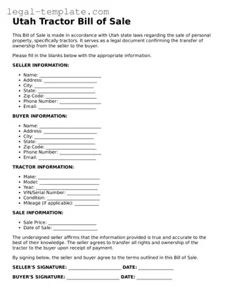 Tractor Bill of Sale Form for Utah State