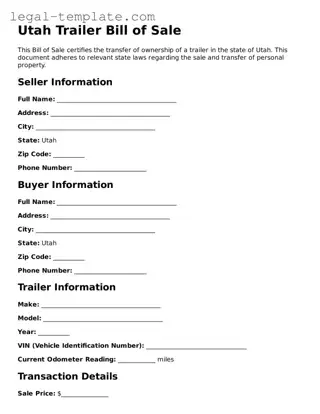 Trailer Bill of Sale Form for Utah State
