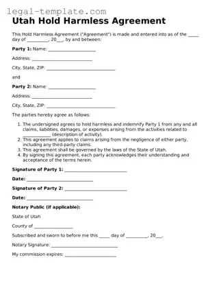 Hold Harmless Agreement Form for Utah State