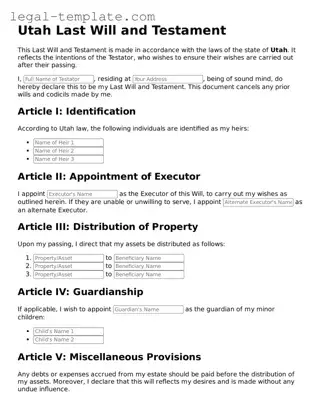Last Will and Testament Form for Utah State