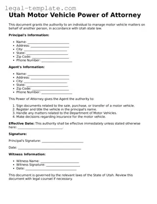 Motor Vehicle Power of Attorney Form for Utah State