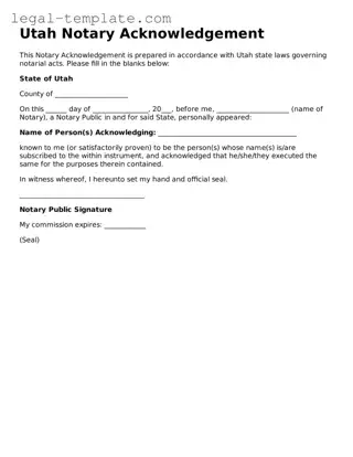 Notary Acknowledgement Form for Utah State