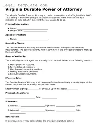 Durable Power of Attorney Form for Virginia State