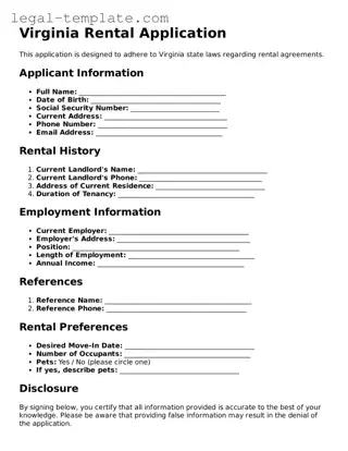 Rental Application Form for Virginia State