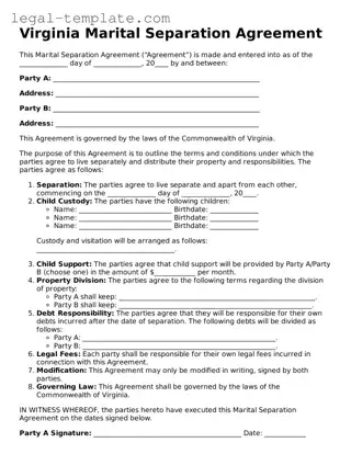 Marital Separation Agreement Form for Virginia State