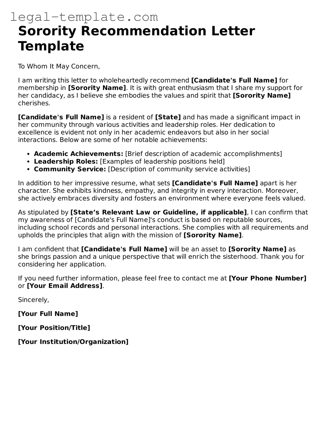 Printable Sorority Recommendation Letter Template