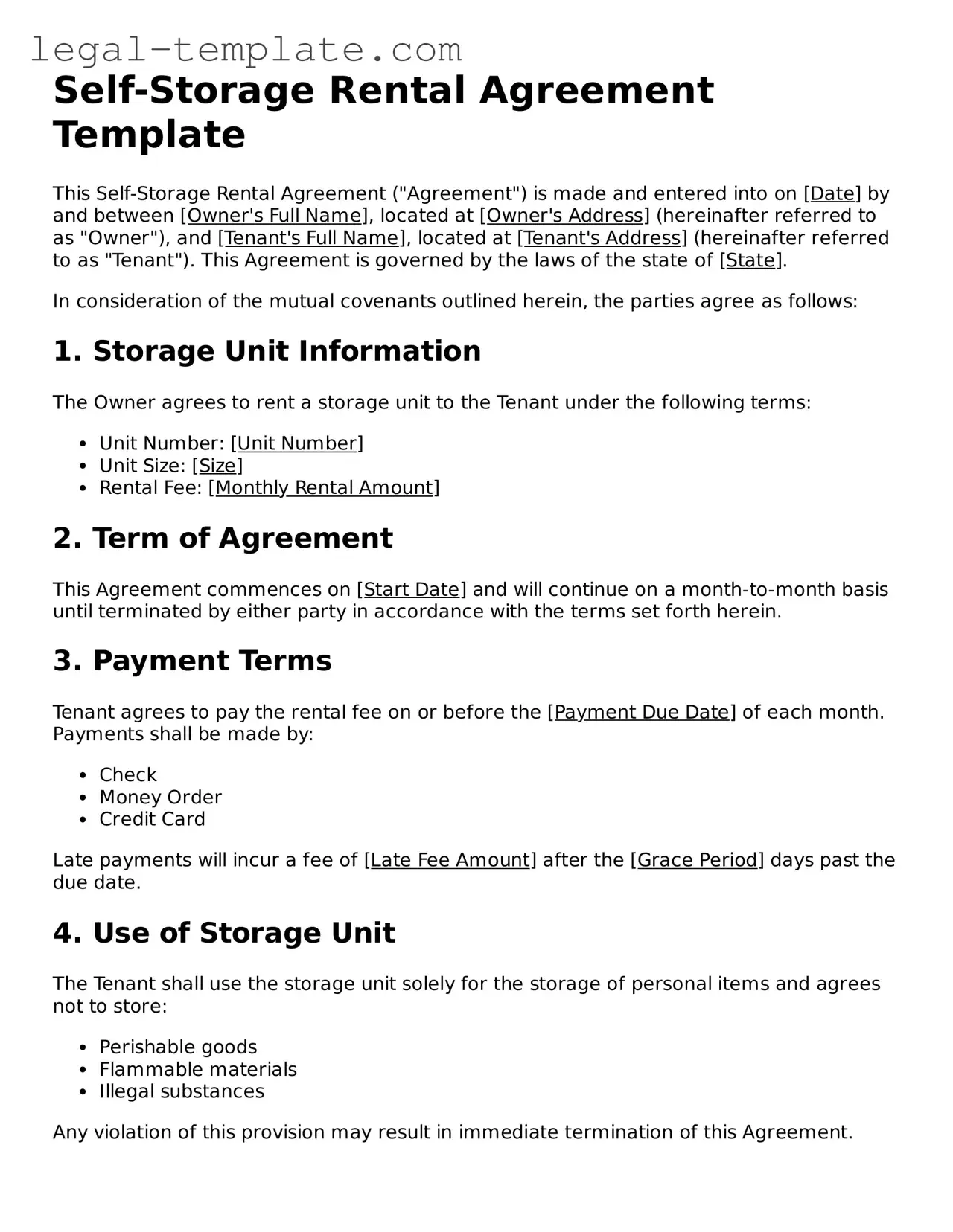 Printable Self-Storage Rental Agreement Template