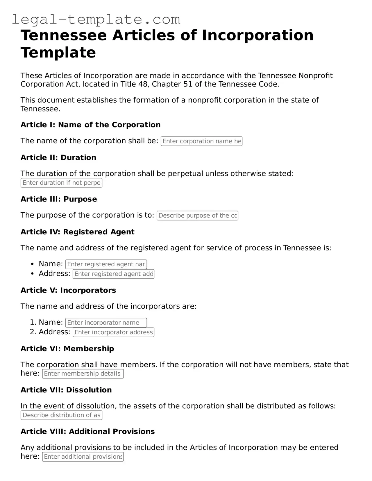 Articles of Incorporation Form for Tennessee State