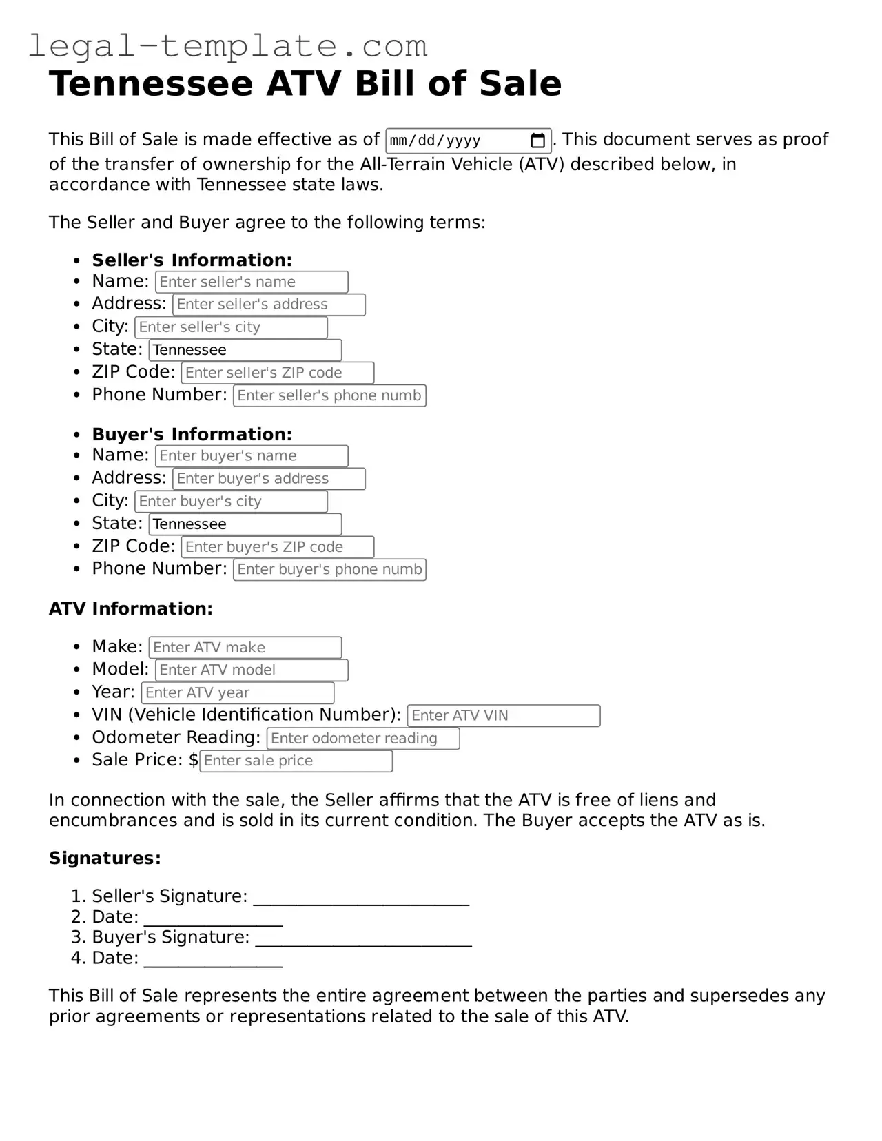ATV Bill of Sale Form for Tennessee State