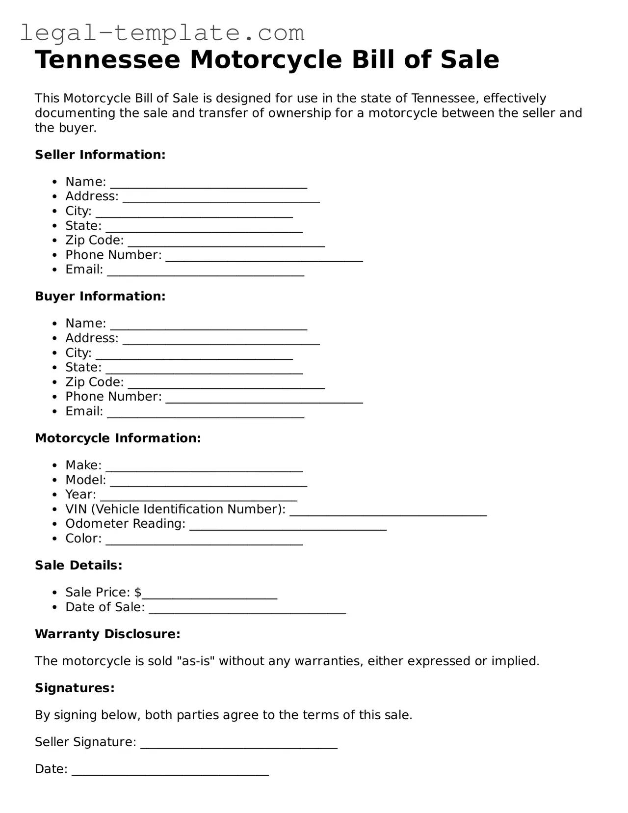 Motorcycle Bill of Sale Form for Tennessee State
