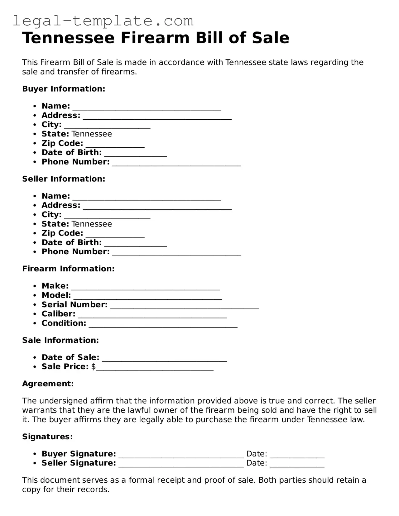 Firearm Bill of Sale Form for Tennessee State