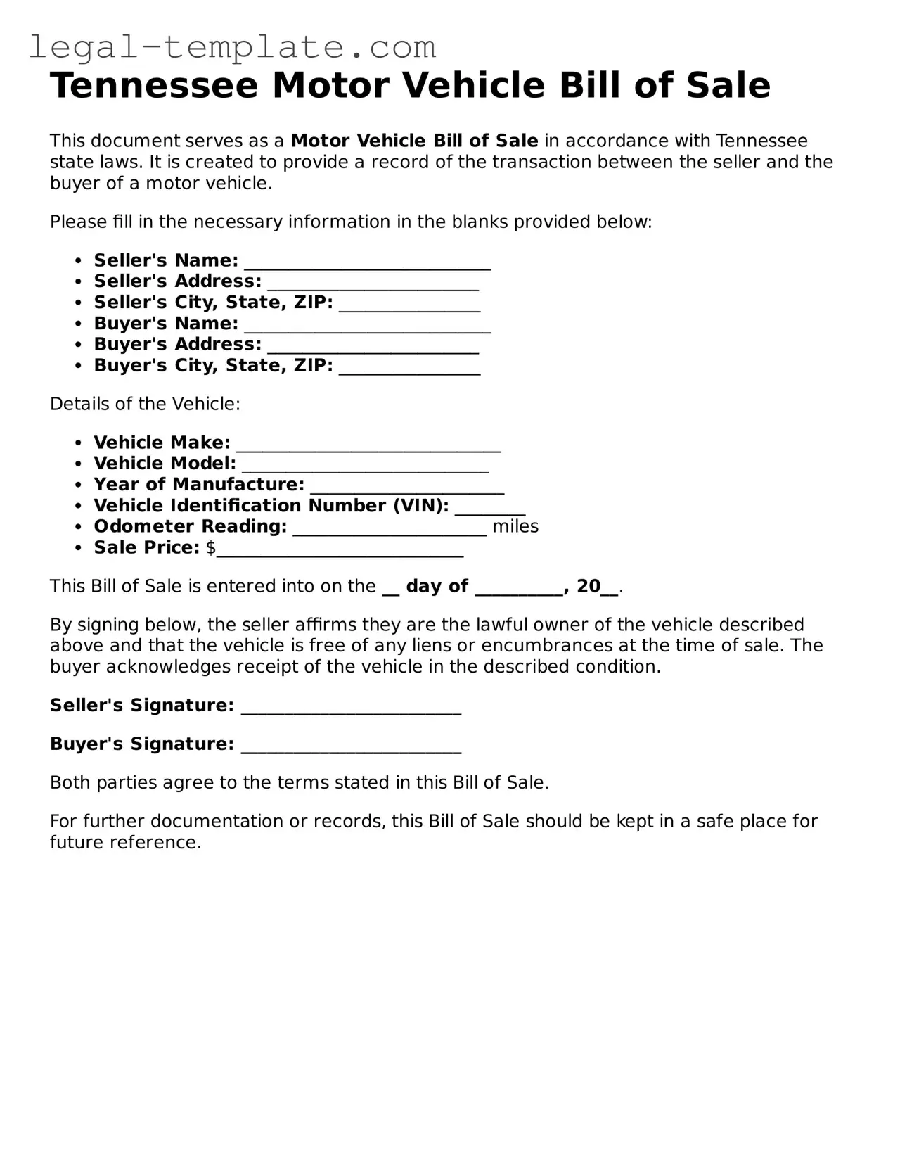 Motor Vehicle Bill of Sale Form for Tennessee State