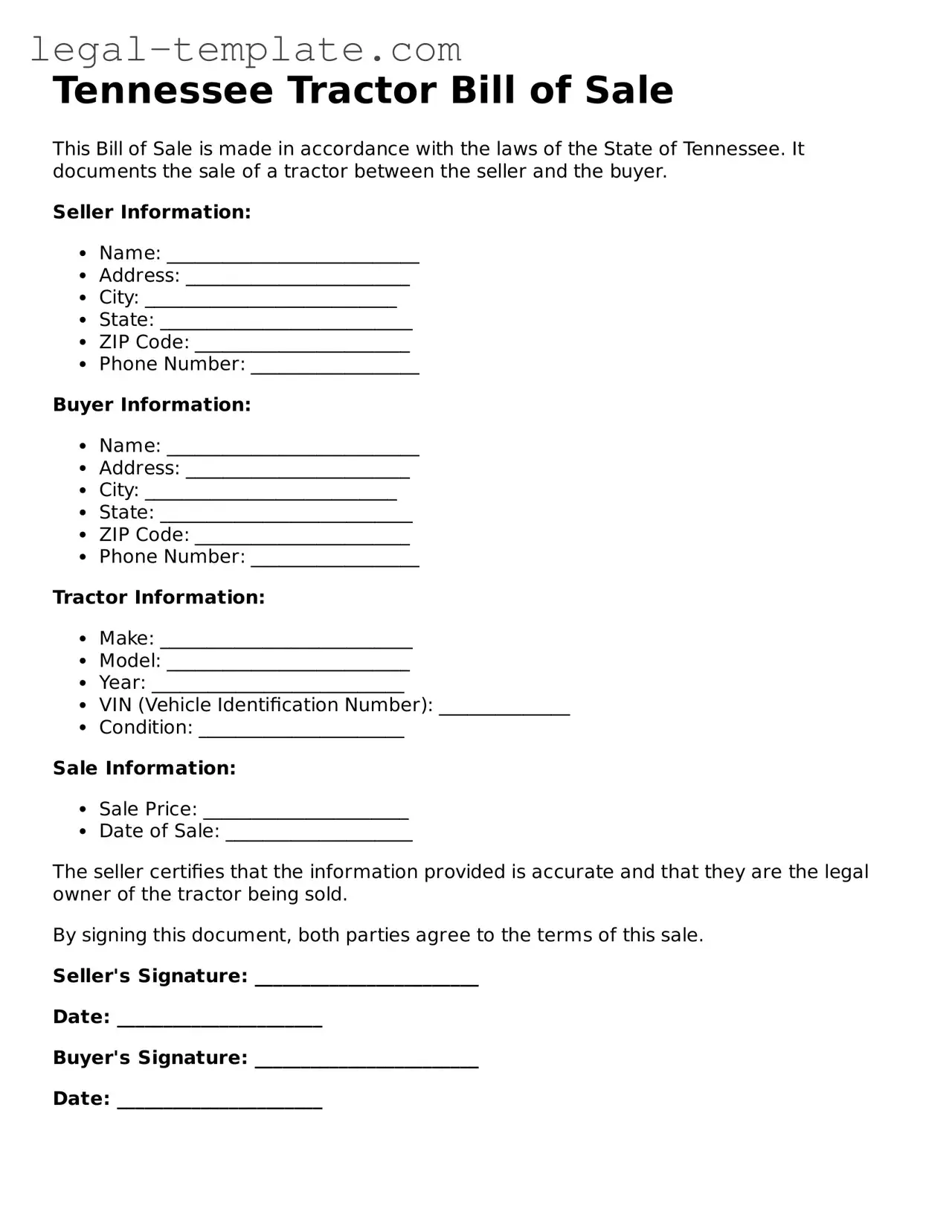 Tractor Bill of Sale Form for Tennessee State