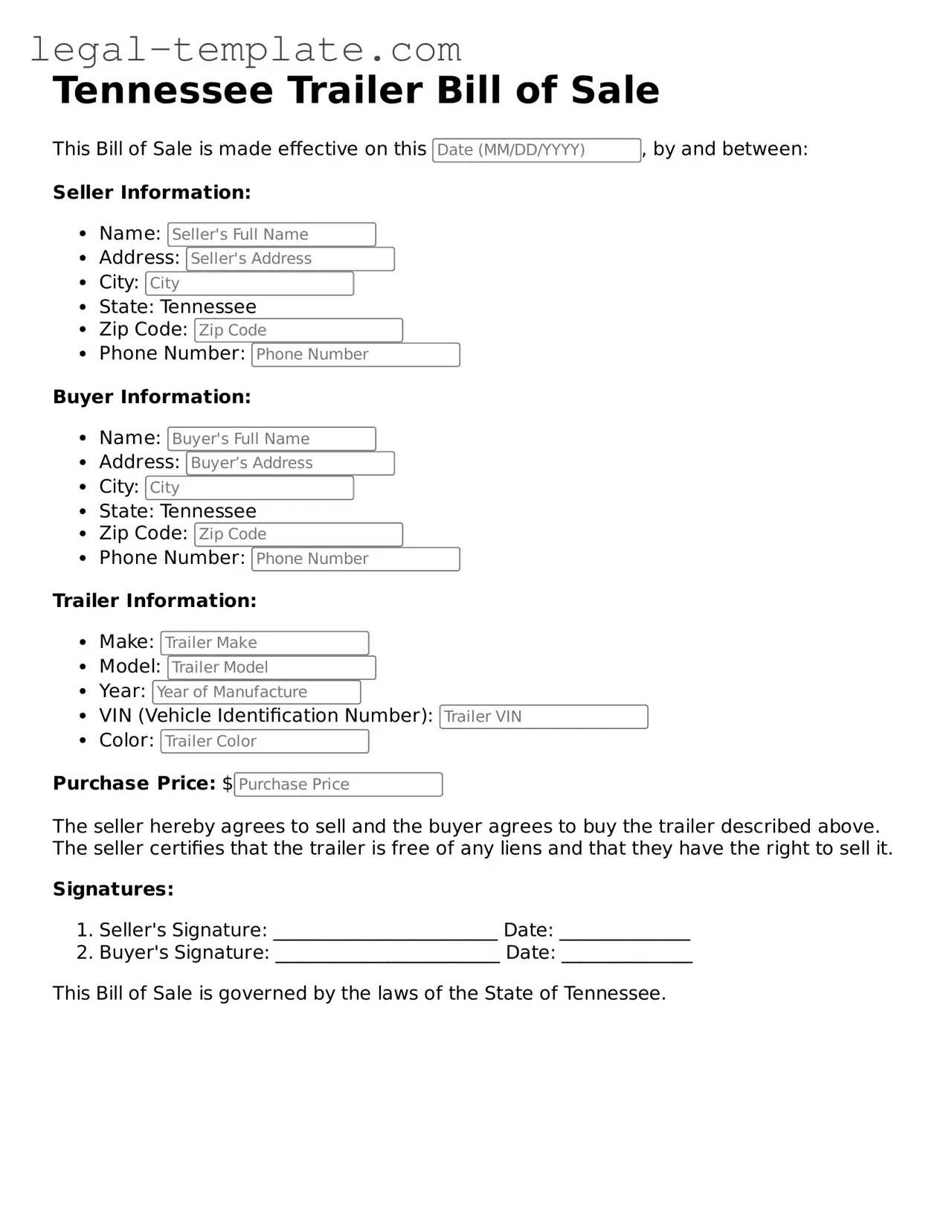 Trailer Bill of Sale Form for Tennessee State
