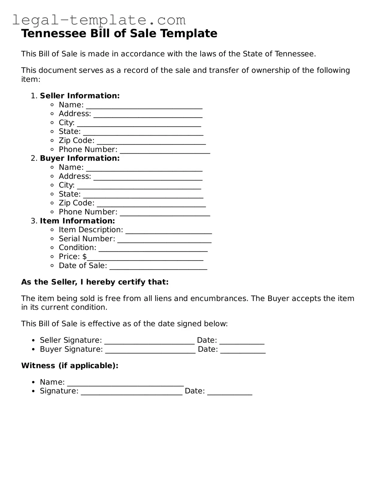 Bill of Sale Form for Tennessee State
