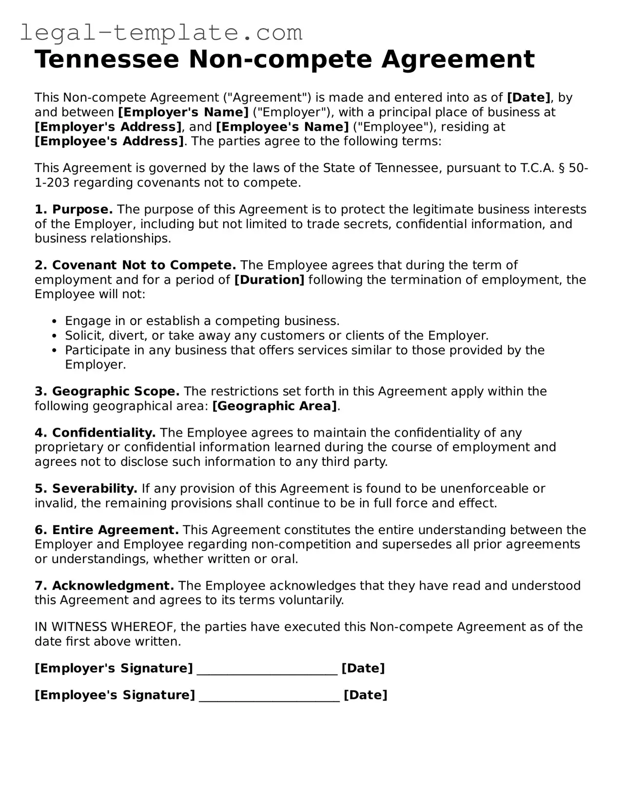 Non-compete Agreement Form for Tennessee State