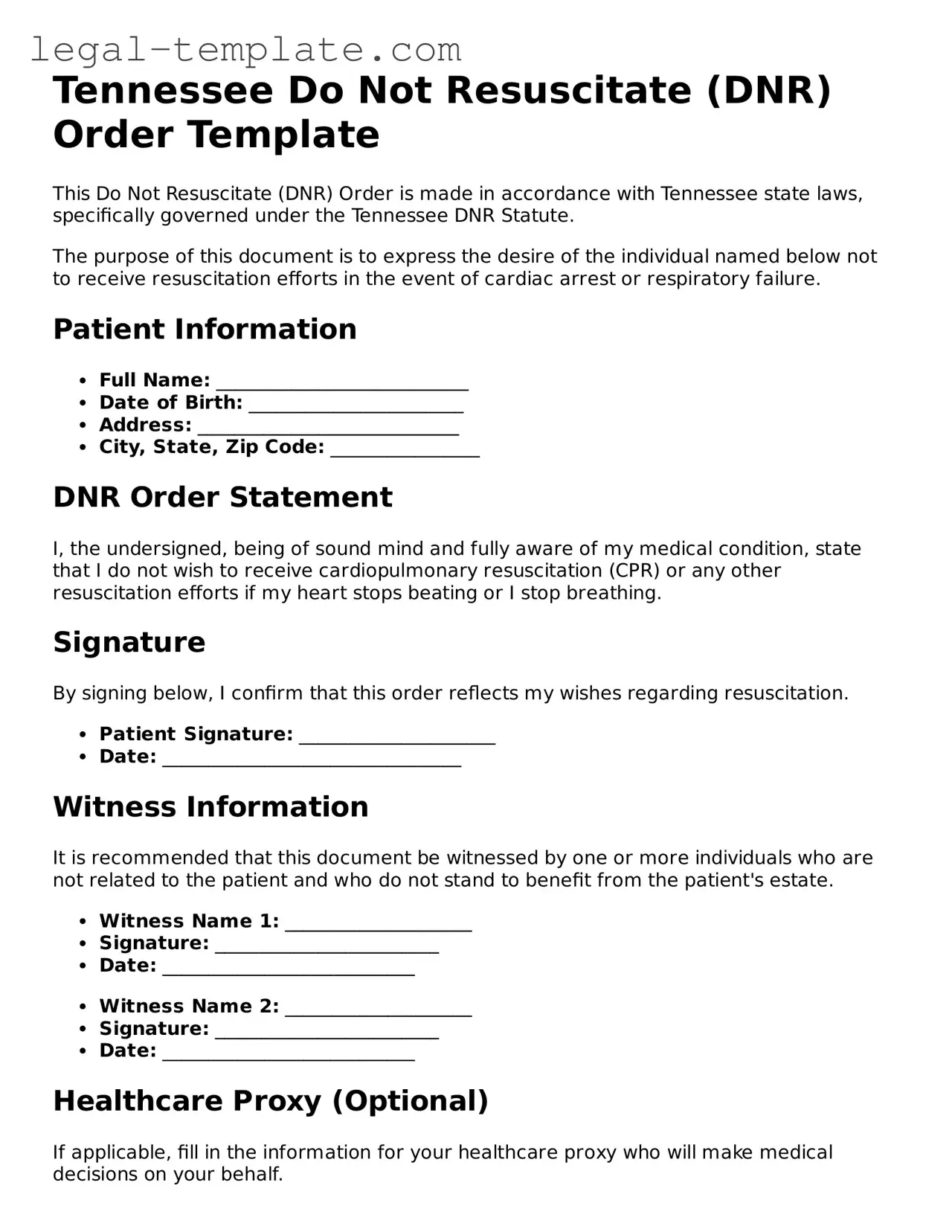 Do Not Resuscitate Order Form for Tennessee State