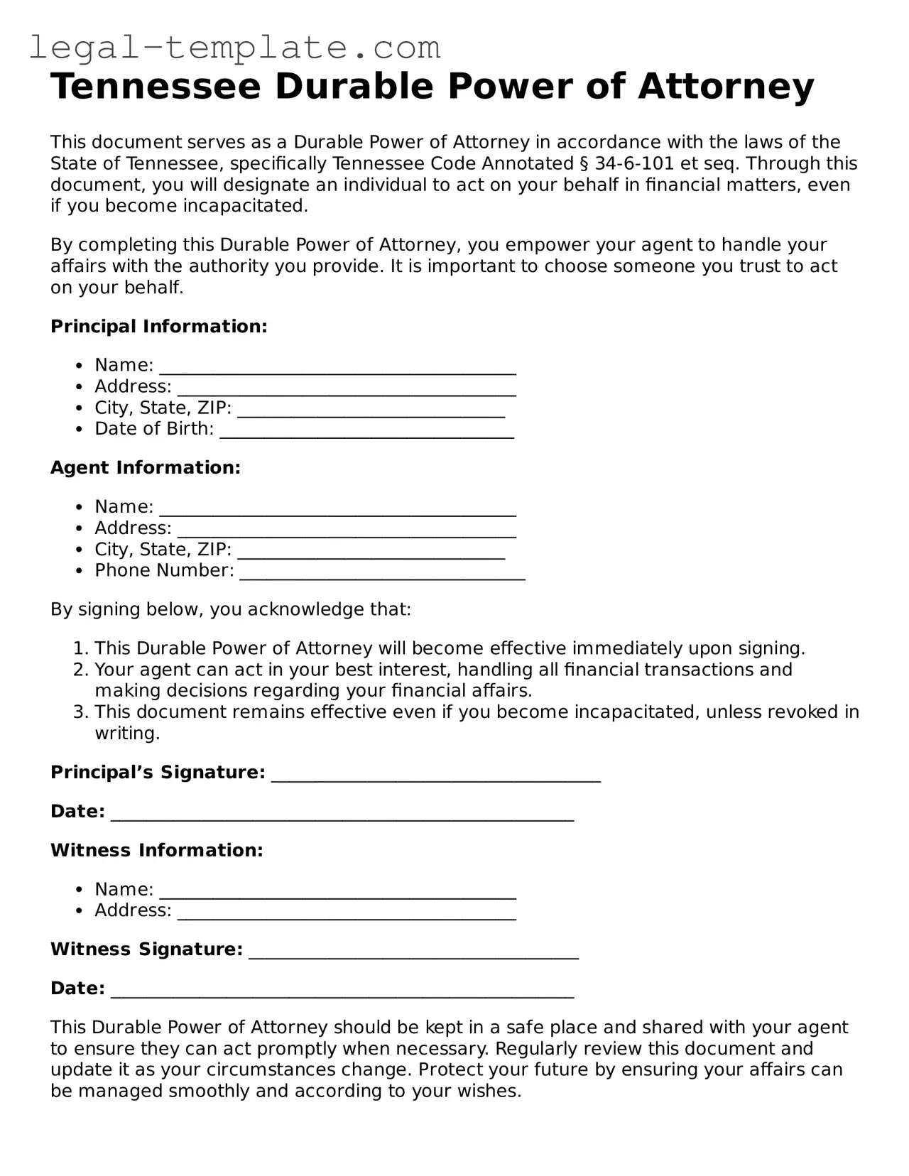 Durable Power of Attorney Form for Tennessee State