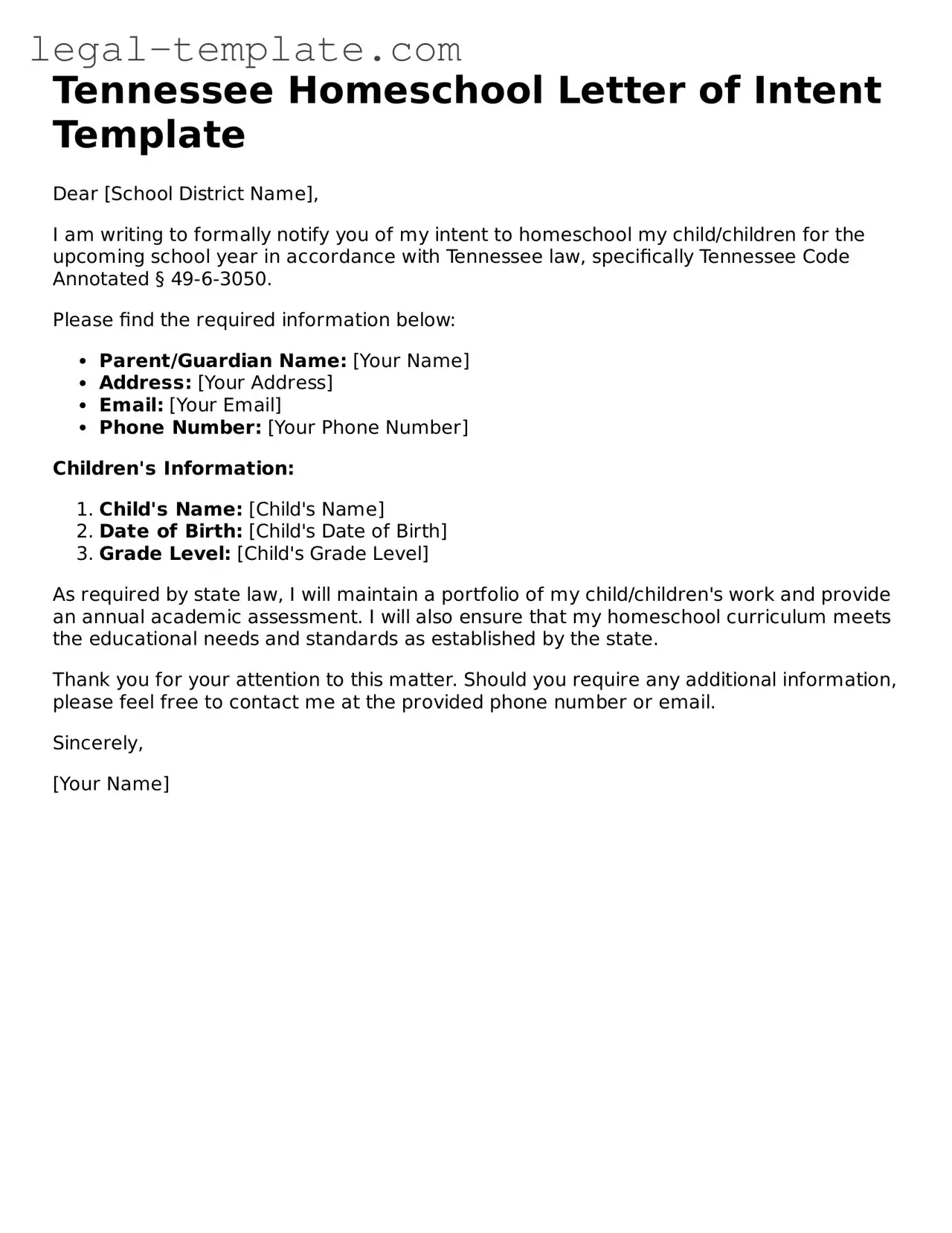 Homeschool Letter of Intent Form for Tennessee State