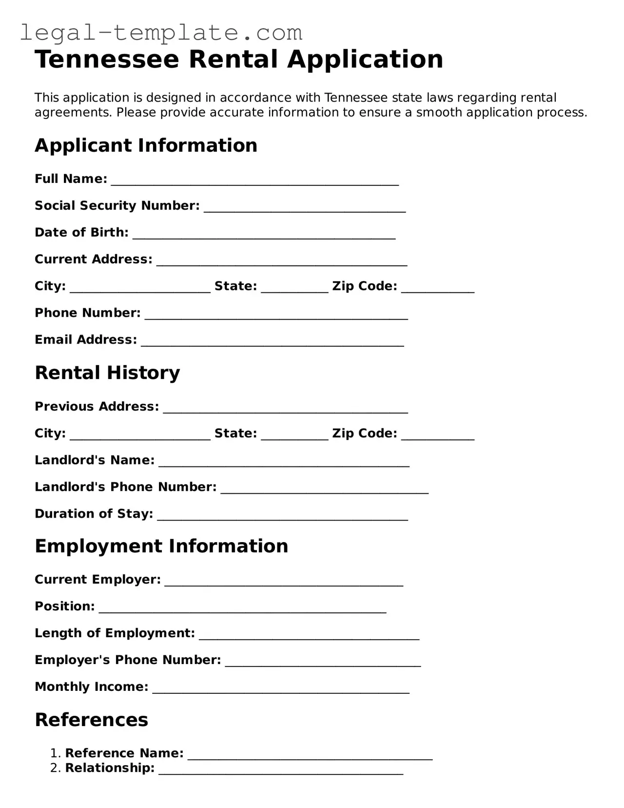 Rental Application Form for Tennessee State
