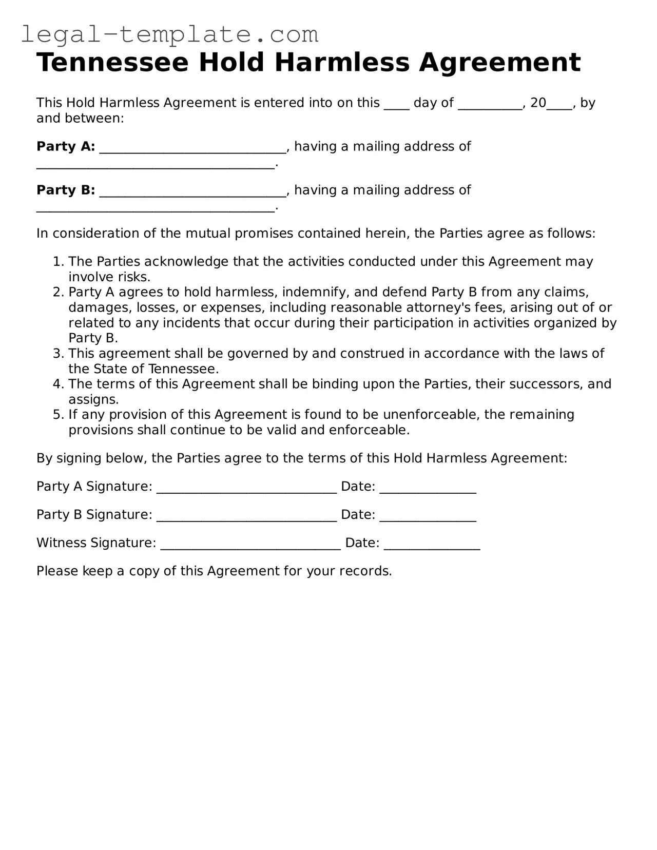 Hold Harmless Agreement Form for Tennessee State